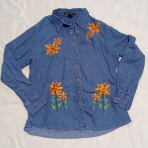 L Harriton Denim button down with embroidered flowers